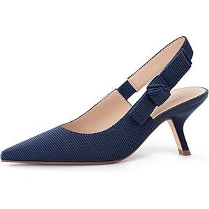 🆕Women's Navy Fabric Sling back Kitten Heels Closed Pointed Toe Bowknot Pumps